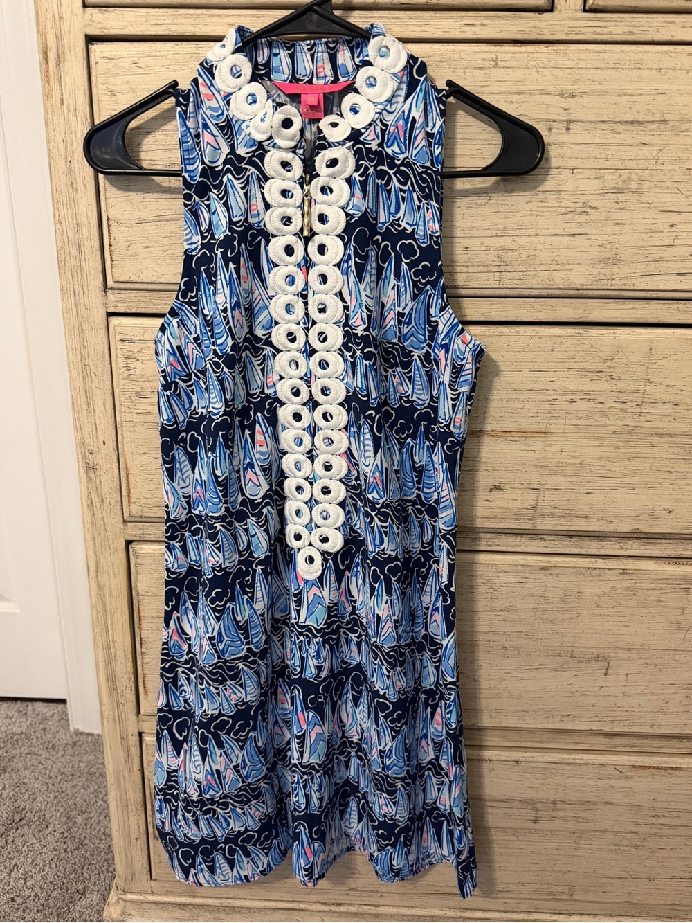 Lilly Pulitzer Navy Blue Sailboat Print Sleeveless Dress with White Trim